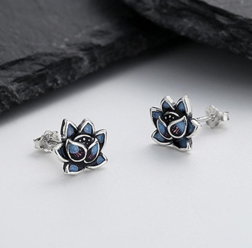 Sterling Silver Lotus Flower Stud Earrings | 9x10mm | Gift Boxed