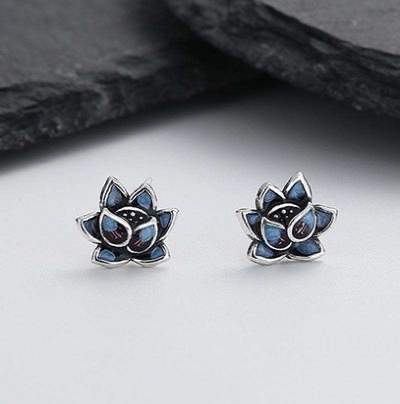 Sterling Silver Lotus Flower Stud Earrings | 9x10mm | Gift Boxed
