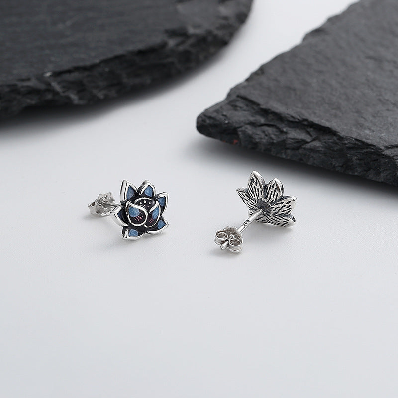 Sterling Silver Lotus Flower Stud Earrings | 9x10mm | Gift Boxed