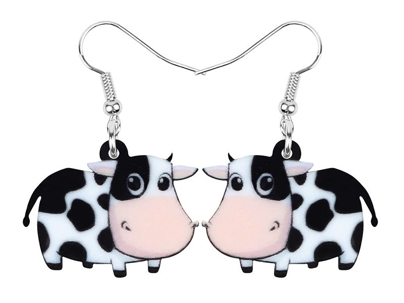 Cute Cow Dangle Earrings | Double Sided Acrylic | 47mm | Boxed