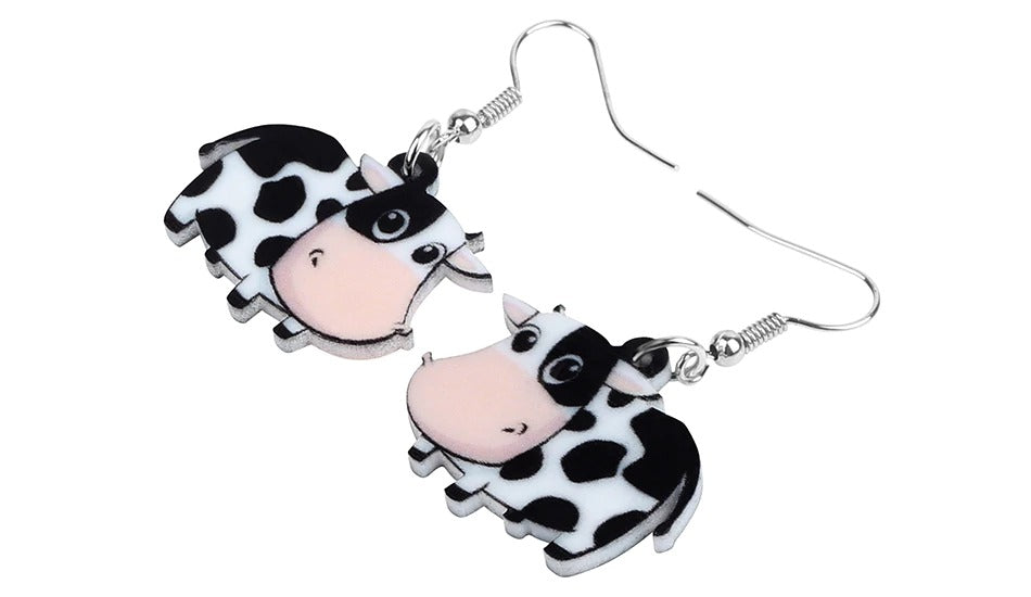 Cute Cow Dangle Earrings | Double Sided Acrylic | 47mm | Boxed