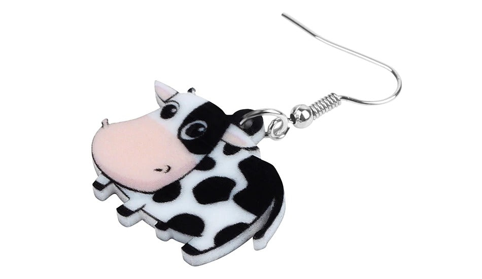 Cute Cow Dangle Earrings | Double Sided Acrylic | 47mm | Boxed