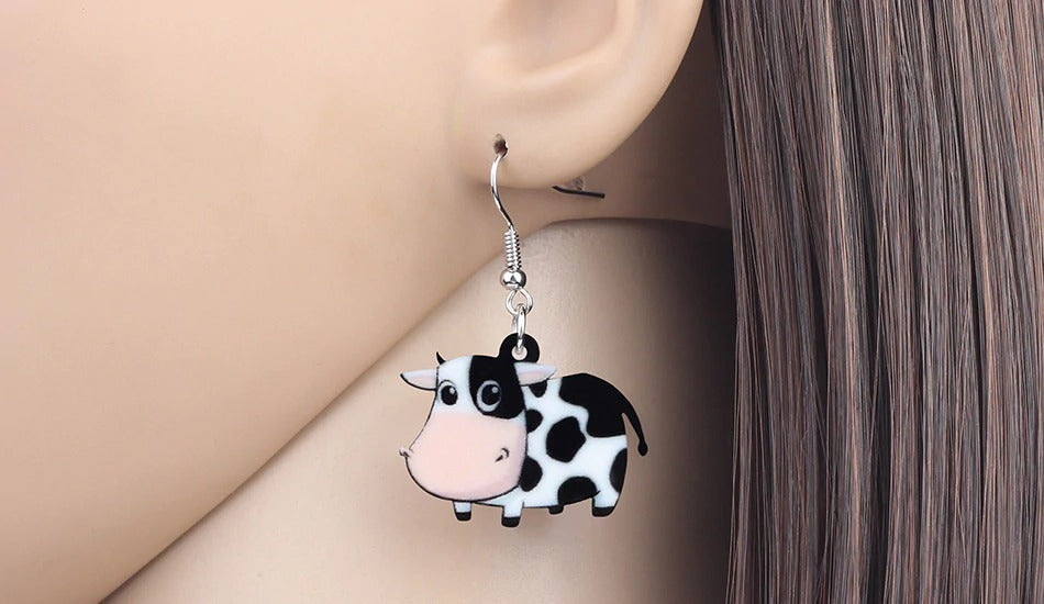 Cute Cow Dangle Earrings | Double Sided Acrylic | 47mm | Boxed