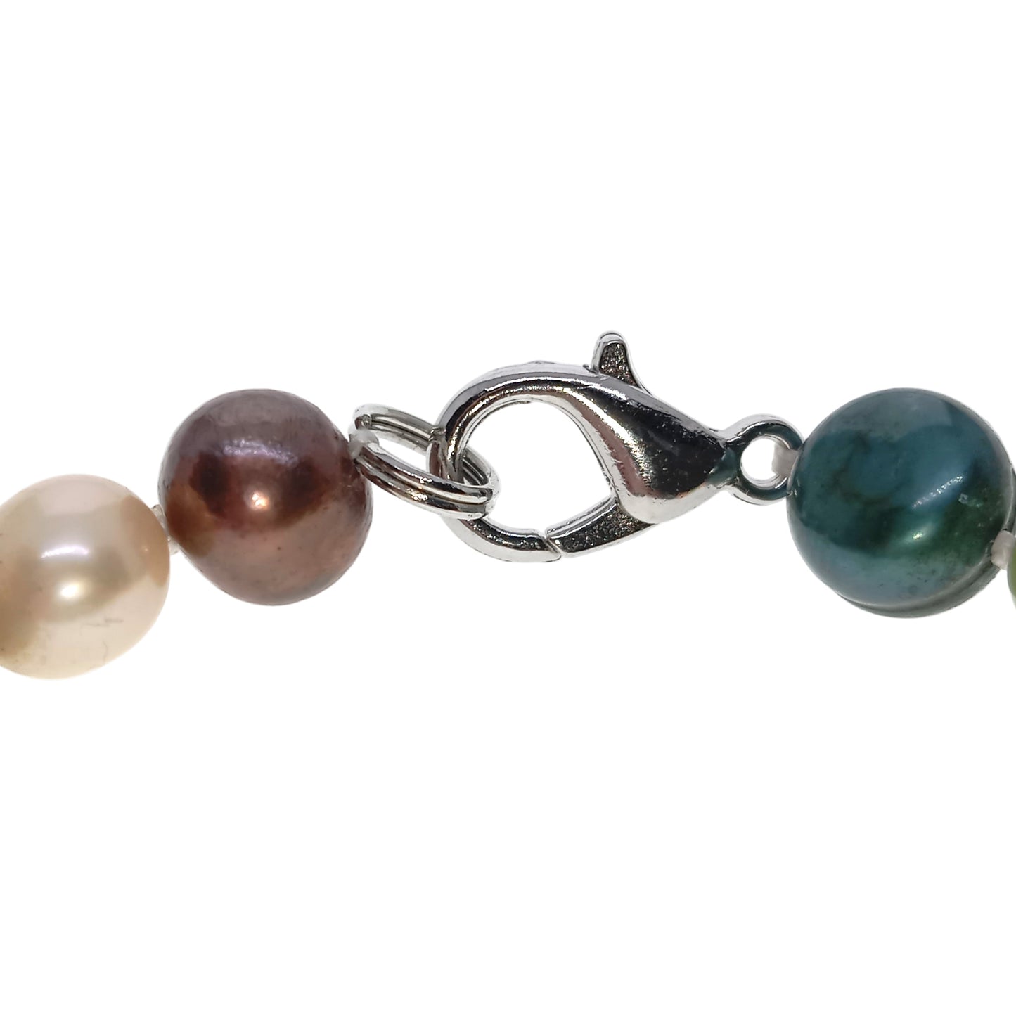 Multicolored pearl bracelet with a silver clasp on a white background