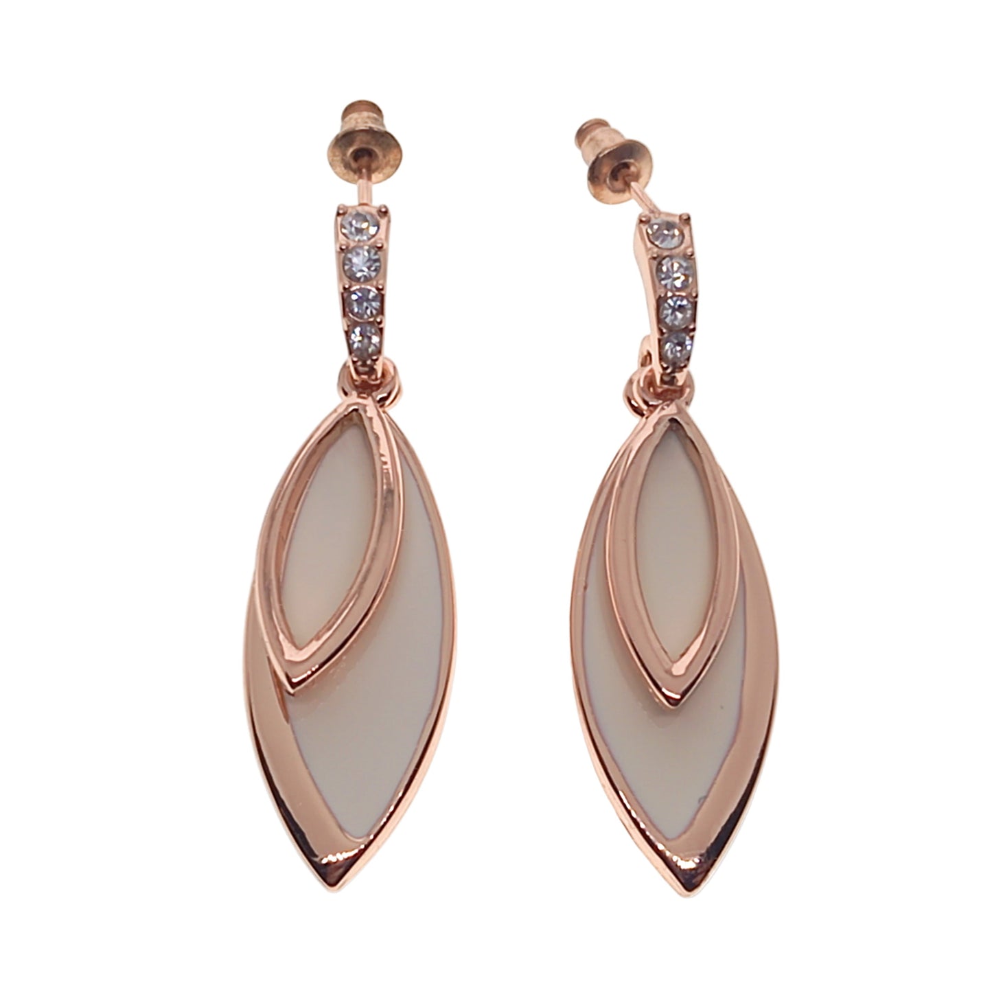 Rose gold earrings with clear stones on a white background