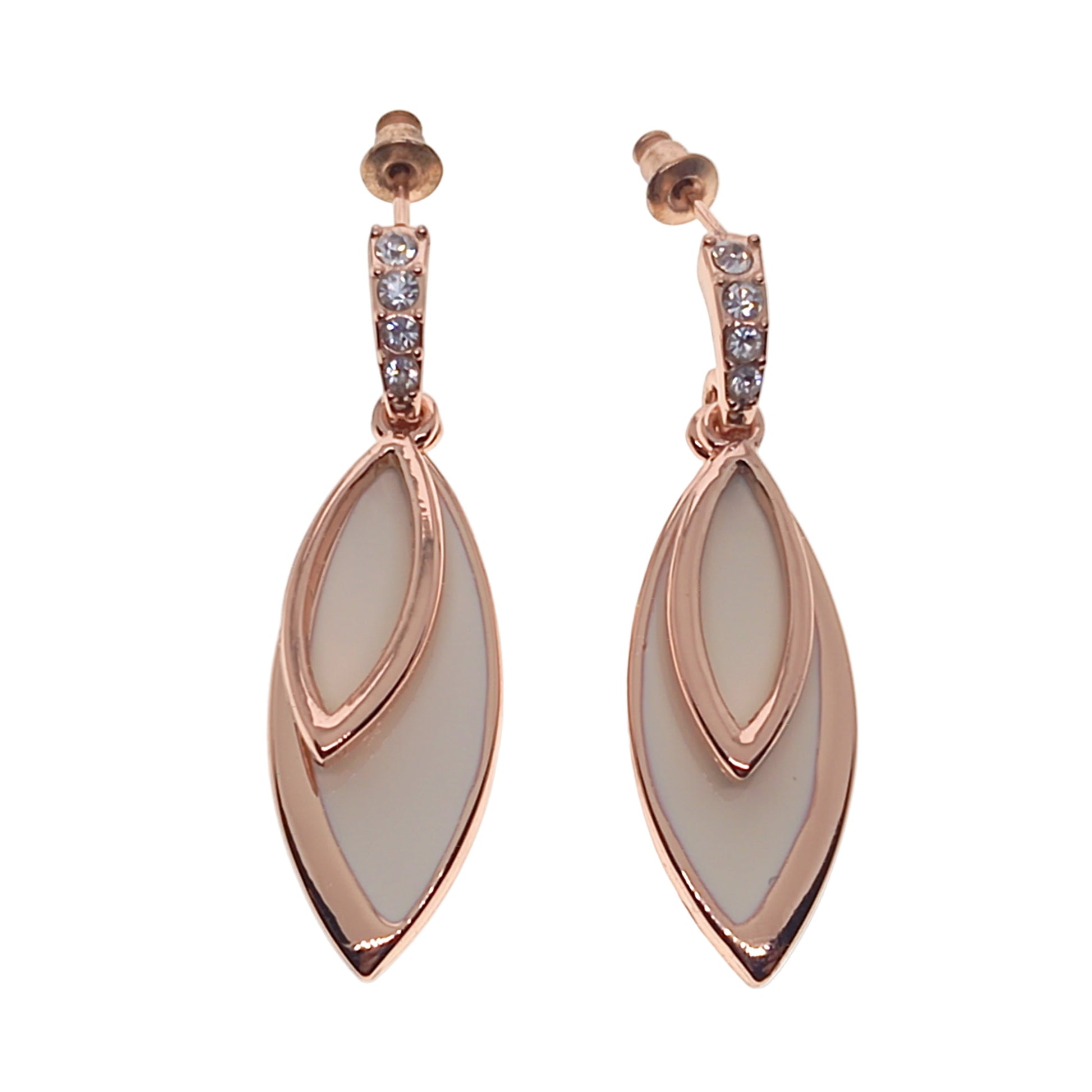 Rose gold earrings with clear stones on a white background