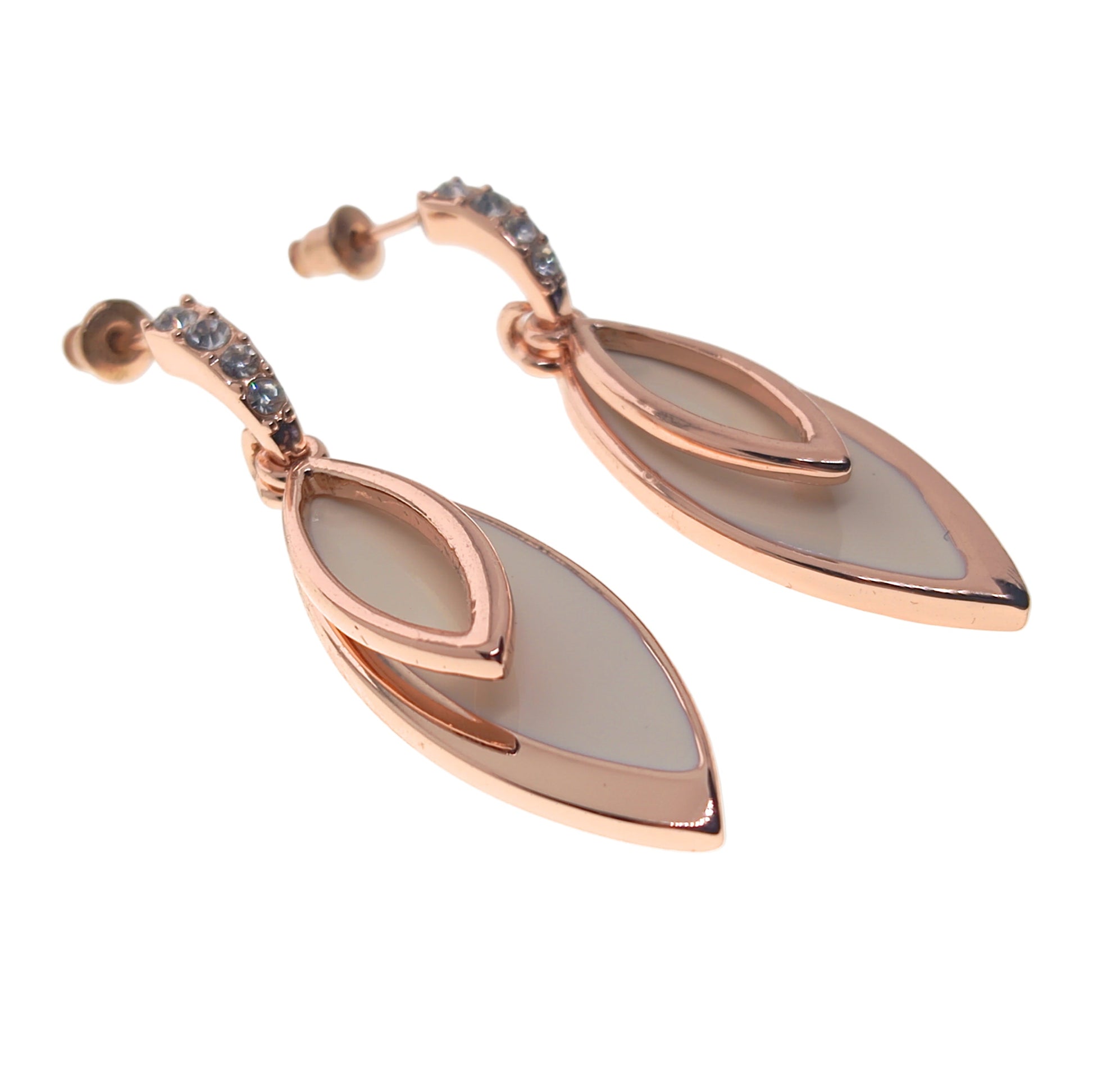 Rose gold earrings with leaf-shaped design on a white background
