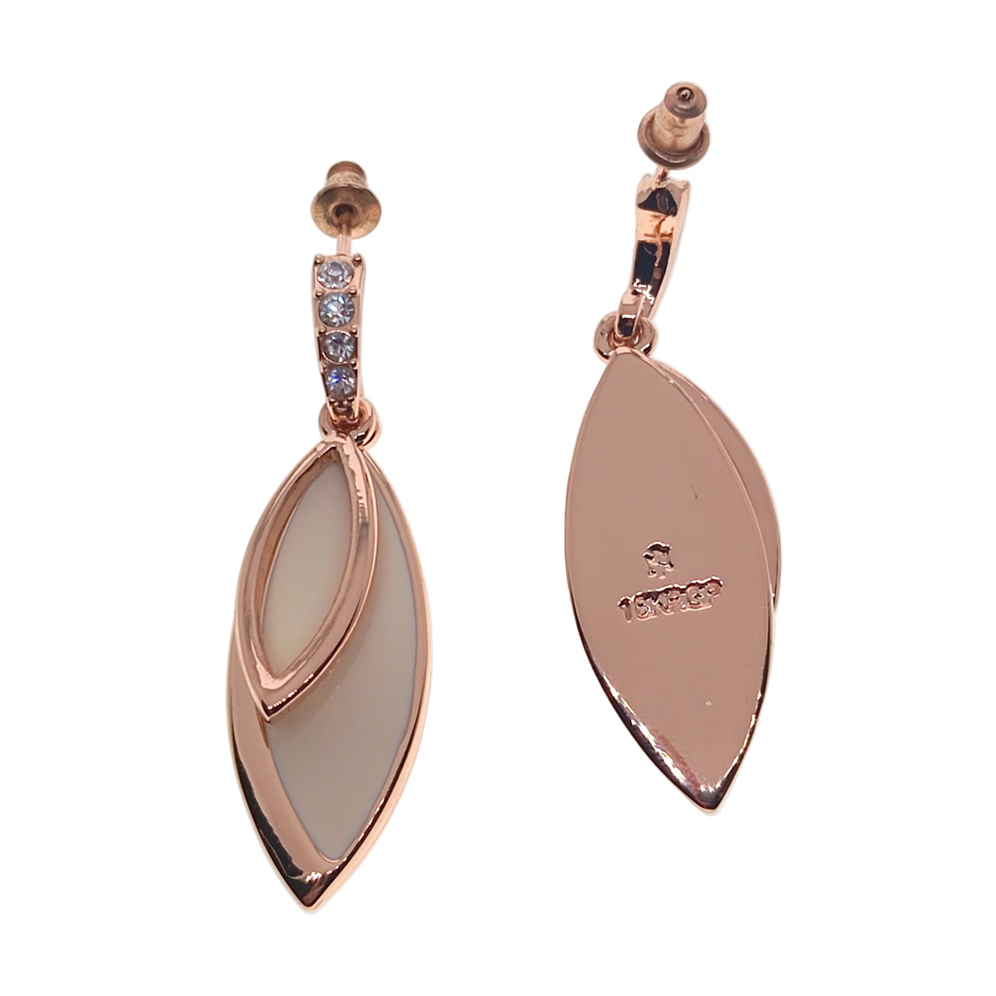 Rose gold earrings with leaf-shaped pendants on a white background