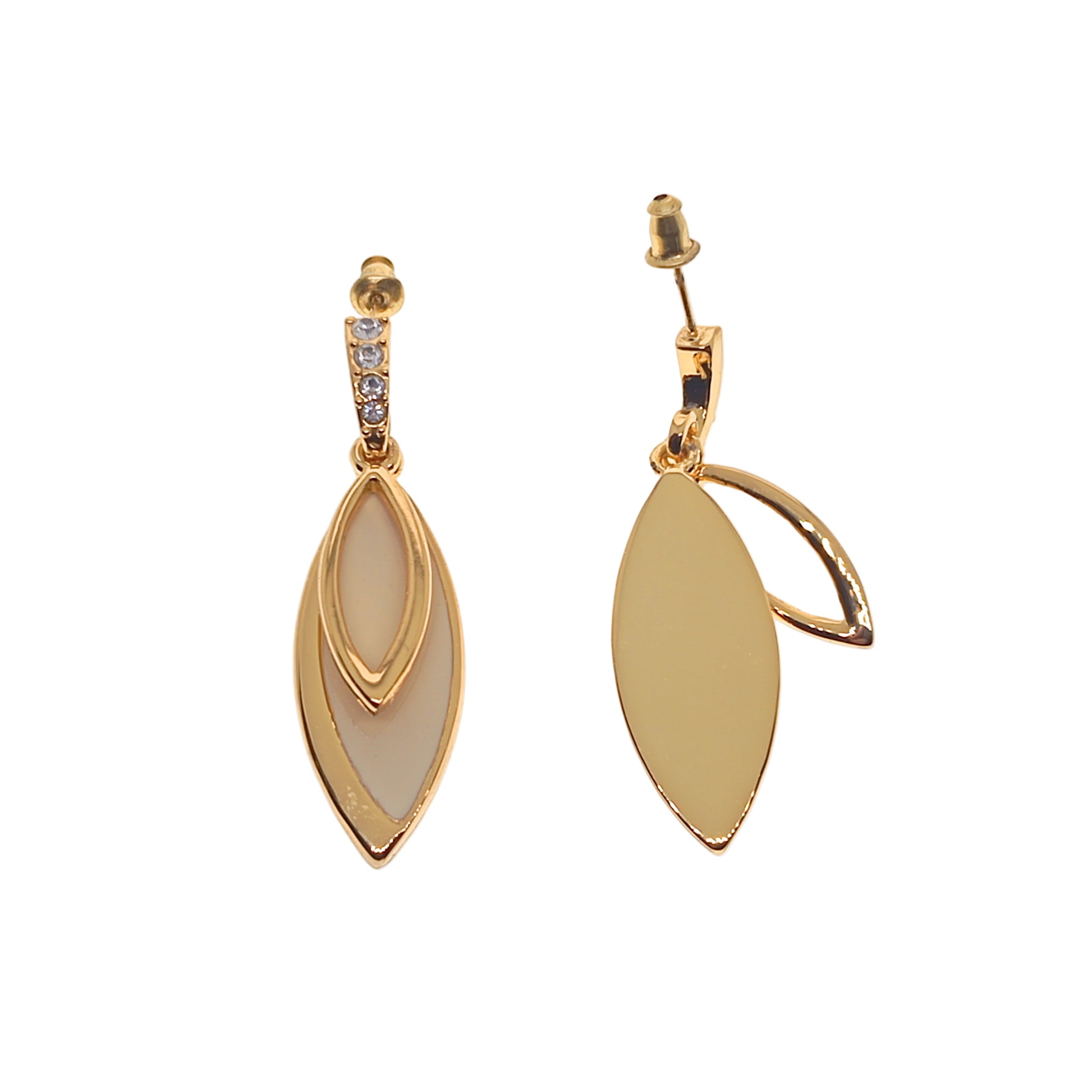 Gold earrings with clear stones on a white background
