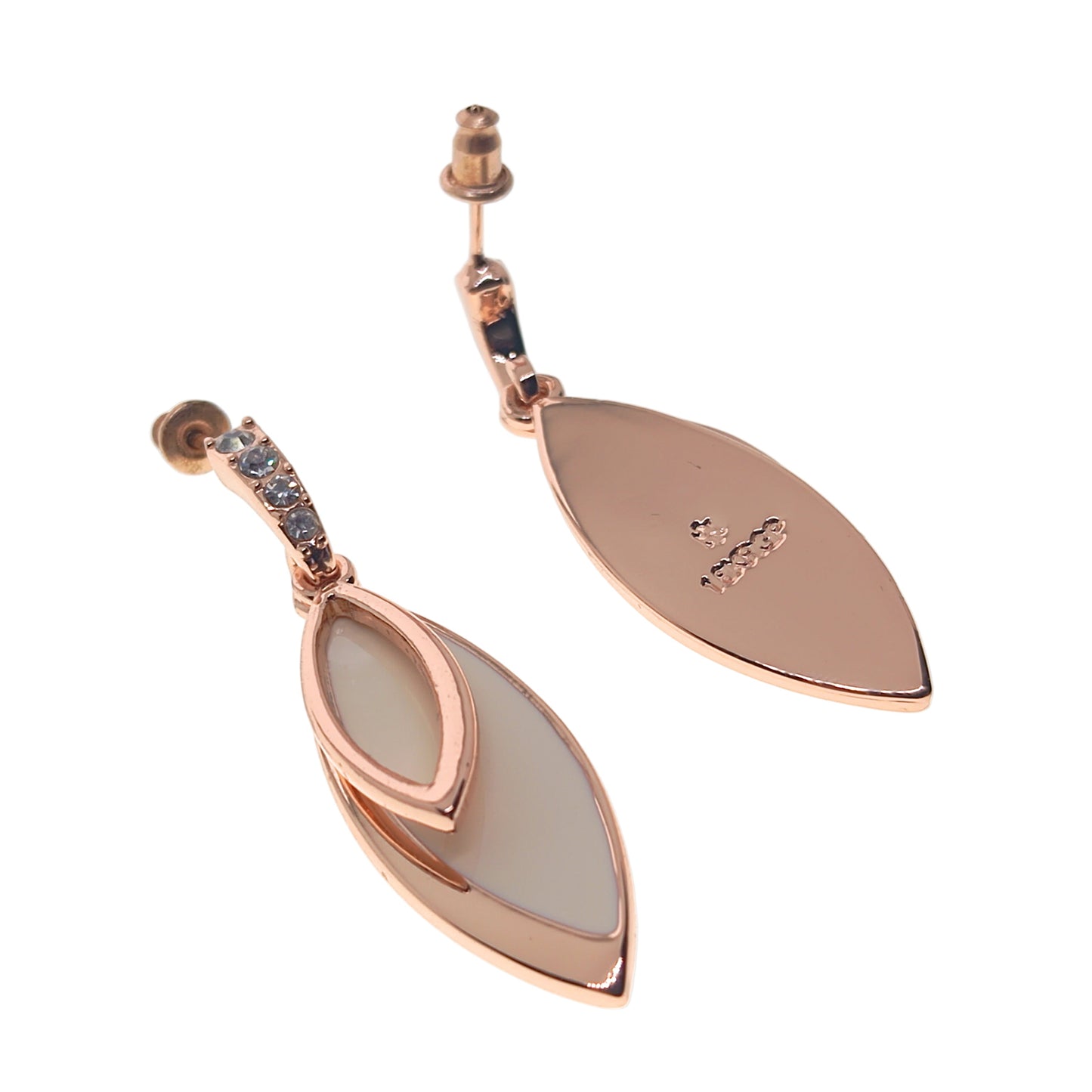 Rose gold earrings with leaf-shaped design on a white background