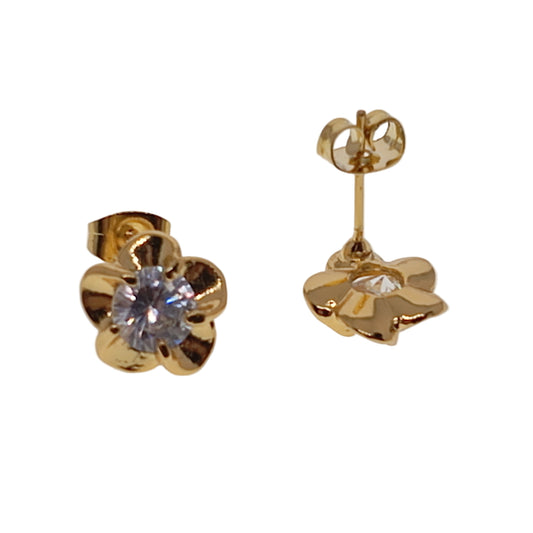 Gold flower-shaped earrings with clear gemstones on a light gray background