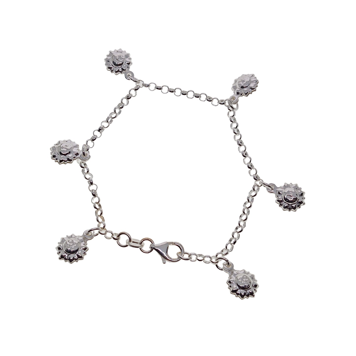 Silver bracelet with floral charms on a white background