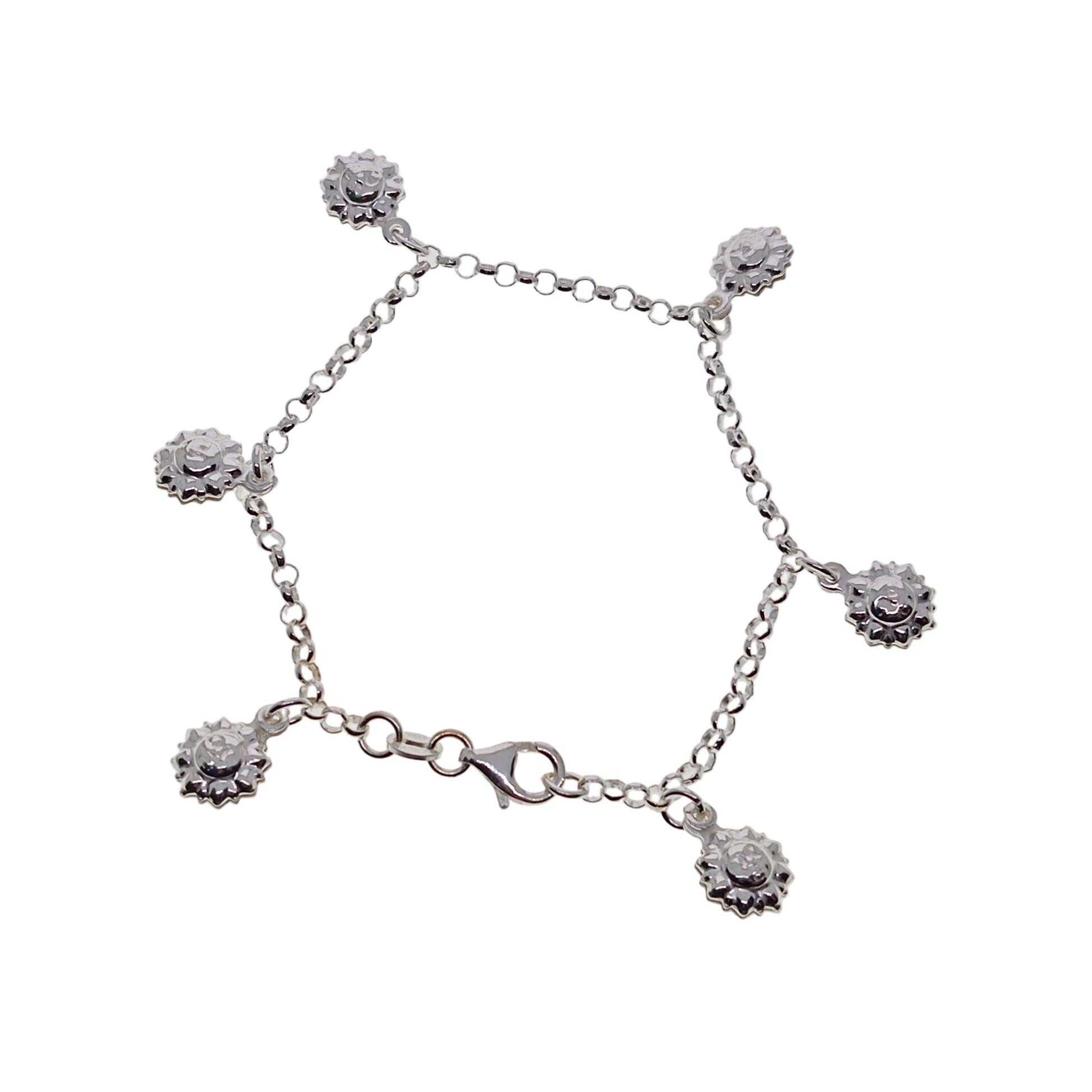 Silver bracelet with floral charms on a white background