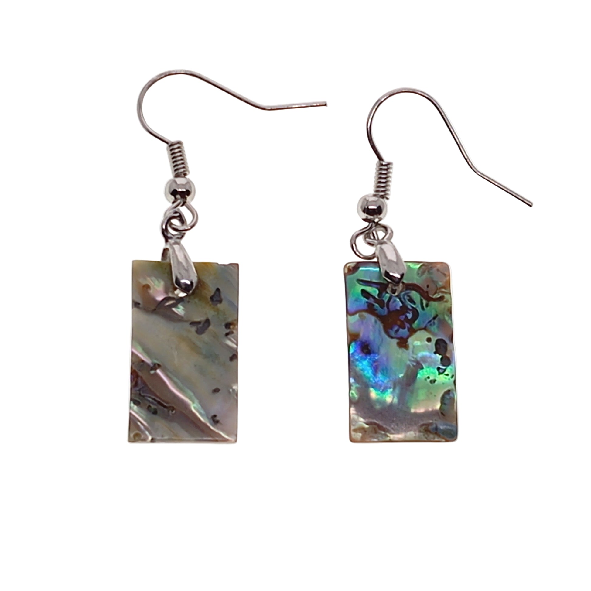 Pair of earrings with square, multicolored stone drops on a white background