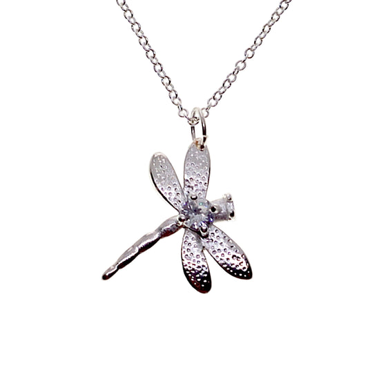 Silver dragonfly pendant necklace on a white background