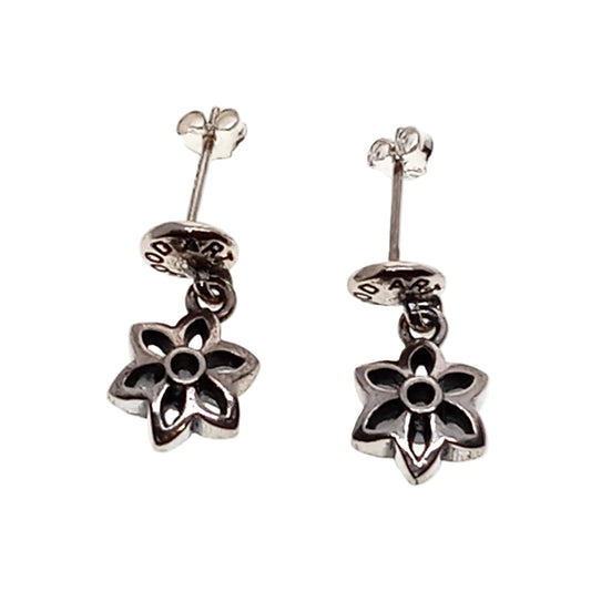 Pair of silver flower-shaped earrings on a white background