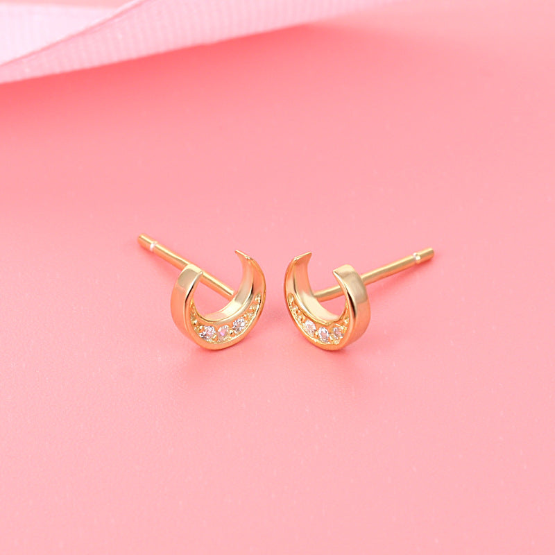 Sterling Silver Half Moon Stud Earrings Yellow Gold Plated Earrings Cubic Zirconia Half Moon Platinum Plated Sterling Silver Stud Earrings Yellow Gold Plated
