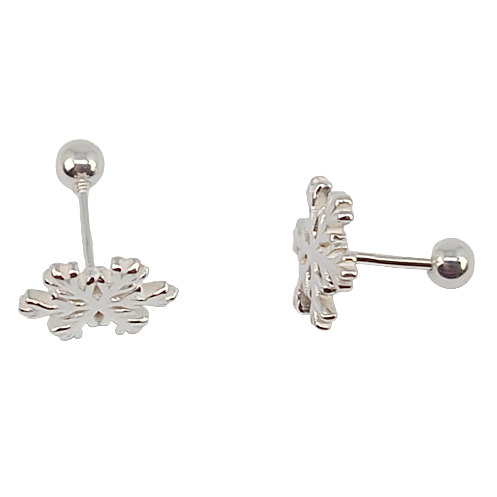 Pair of silver floral earrings on a white background