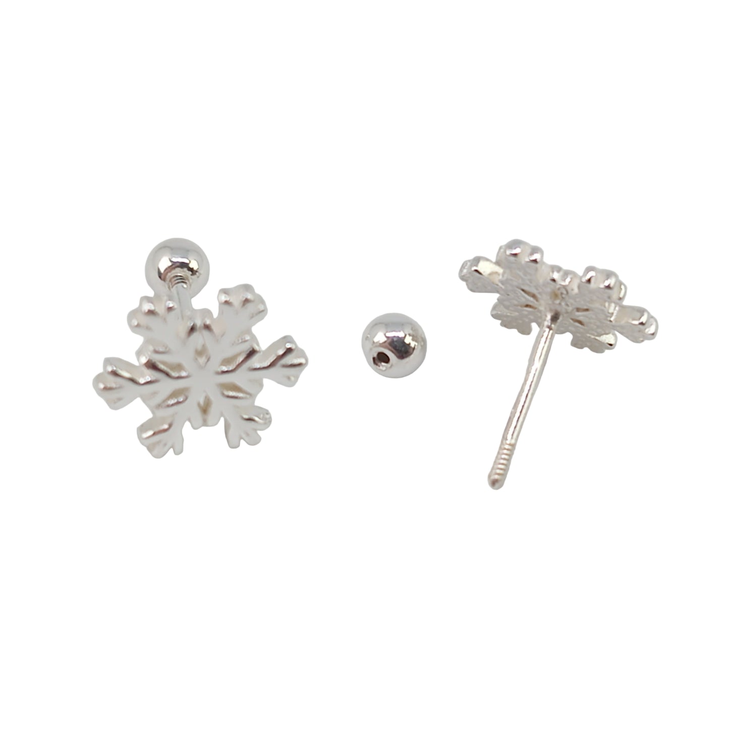 Silver snowflake earrings on a white background