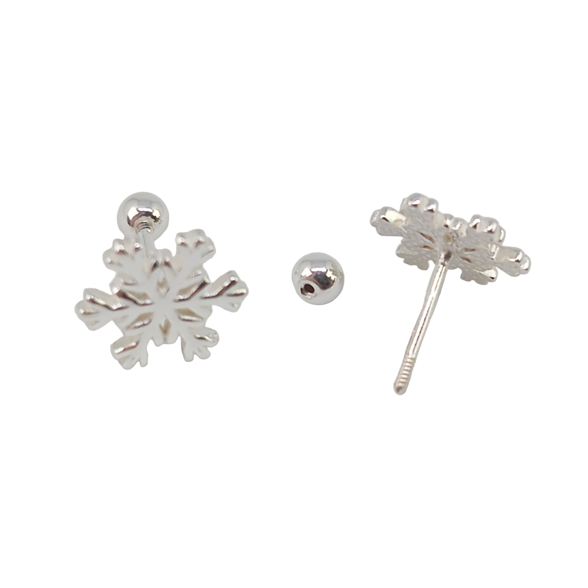 Silver snowflake earrings on a white background