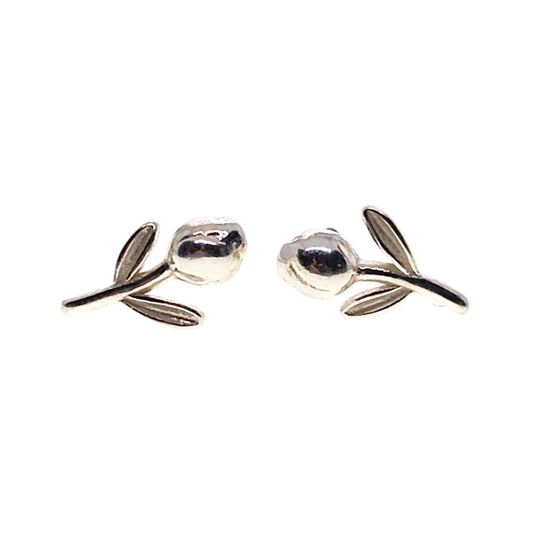 Silver tulip-shaped earrings on a white background